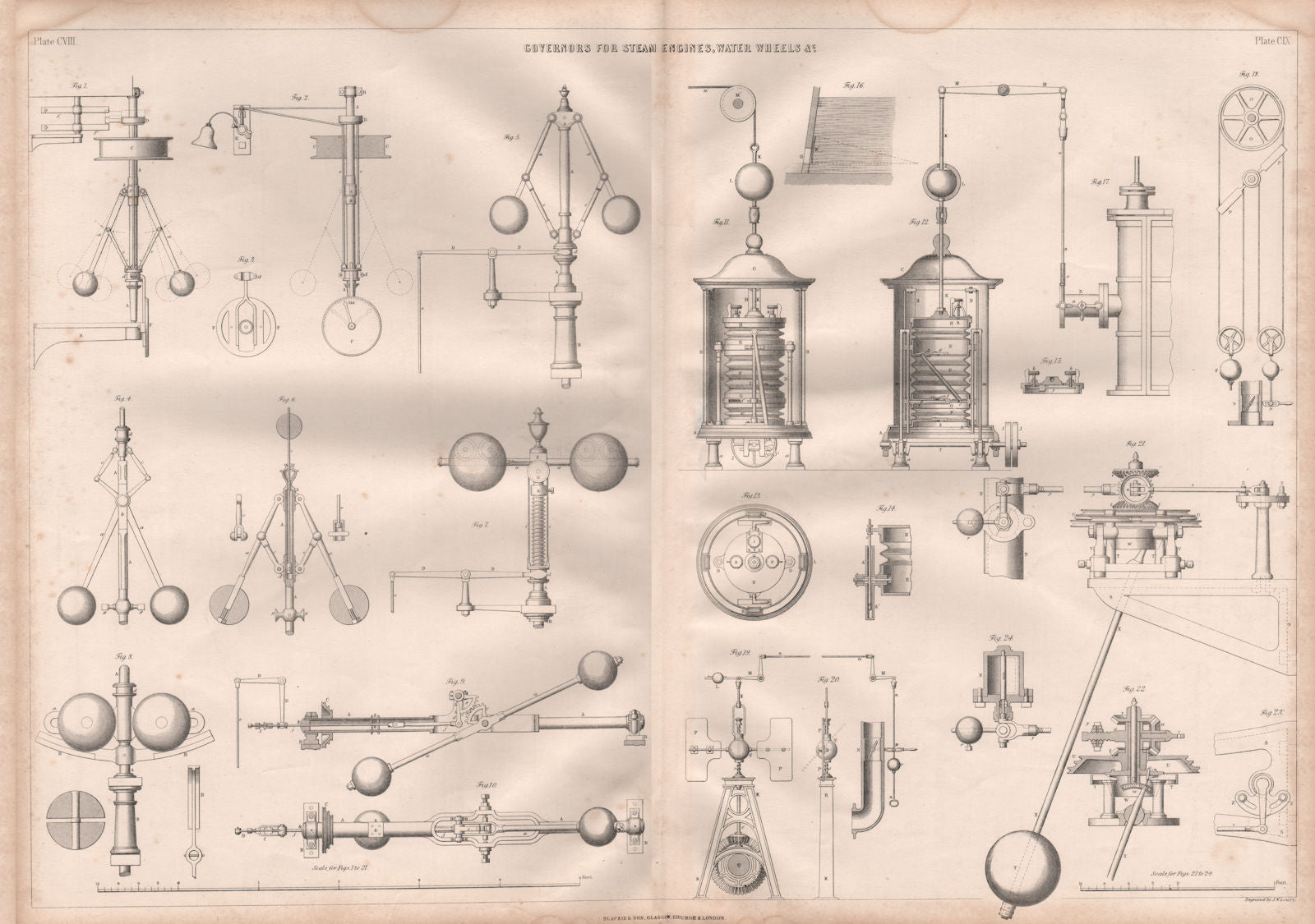 VICTORIAN ENGINEERING DRAWING. Governors for steam engines & water wheels 1847